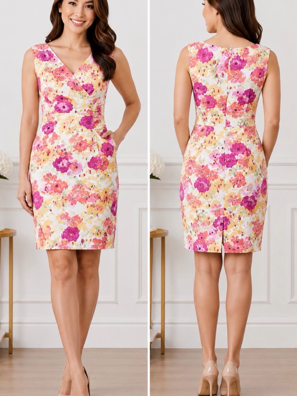Cleo Petite 10 Floral Sheath Dress Faux Wrap Pink Yellow Career Wedding